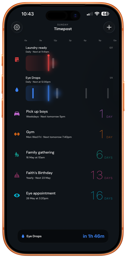 Timepost — focused list with track bar